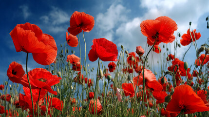 Fototapeta premium Vibrant red poppies bloom against a bright blue sky, showcasing natural beauty and the fleeting nature of life. The image evokes feelings of hope, peace and remembrance.