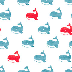 Seamless pattern with cute blue and red whales. Vector baby print