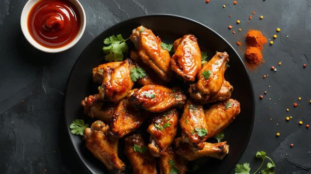 Black plate with grilled spicy chicken wings and ketchup in the background. Overhead view.