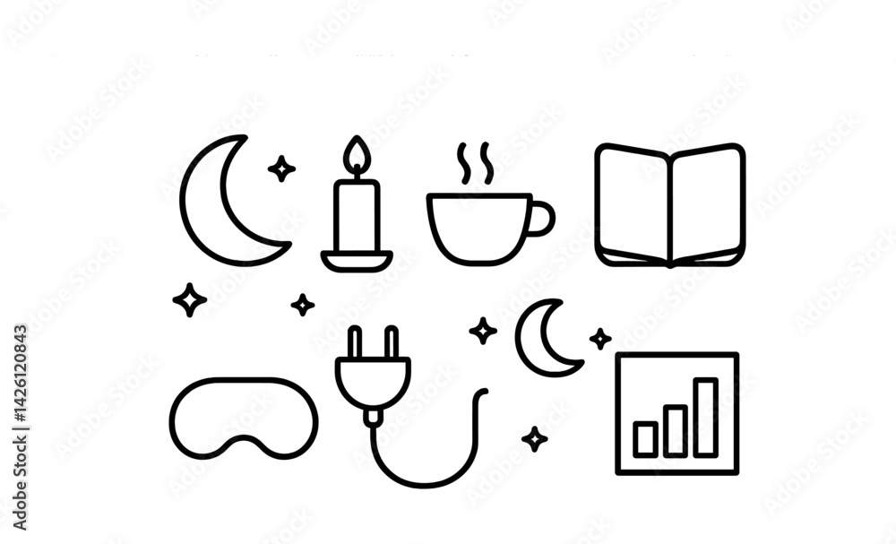 Poster bedtime routine icons set: linear style for sleep and relaxation themes