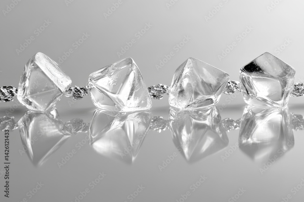 Poster clear ice cubes arranged on a reflective surface with intricate details showcasing their shape and t