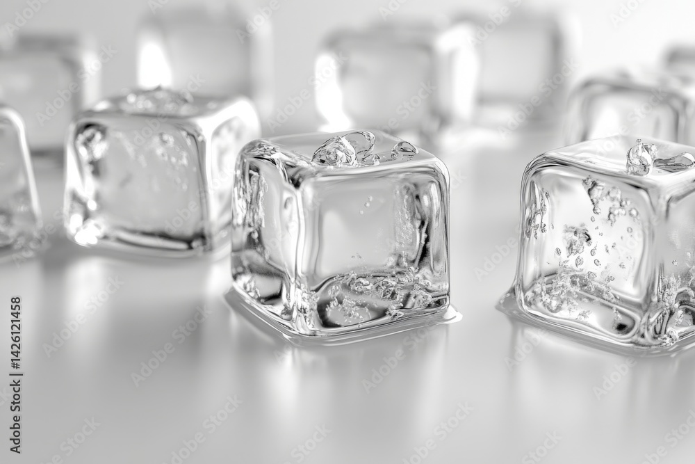 Aufkleber Detailed close-up of transparent ice cubes placed on a smooth surface, capturing the texture and reflections in natural light