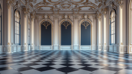 Obraz premium Ornate palace interior wall with gilded carvings, white mouldings, and blue panels in baroque style