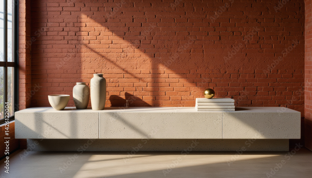 Poster modern interior design architecture photography: sunlight streams through a large window, casting sh