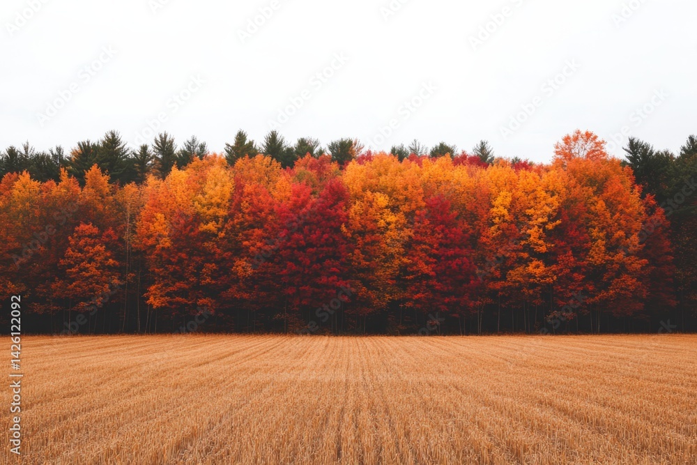 Poster vibrant autumn trees showcase brilliant colors beside a golden field, with soft sunlight illuminatin