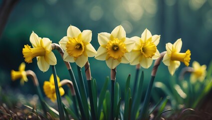 Cluster of daffodils highlighting six flowers with a blurred background