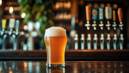 Close-up of American craft ale poured into a glass with tap beer in the background