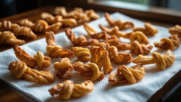 Golden fried angel wings isolated on paper towel with vintage background
