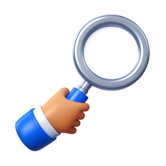 3d render. Search icon. Cartoon character hand holds big magnifying glass lens. Business of science clip art isolated on white background