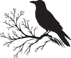 Minimalist Crow on Branch Vector Silhouette