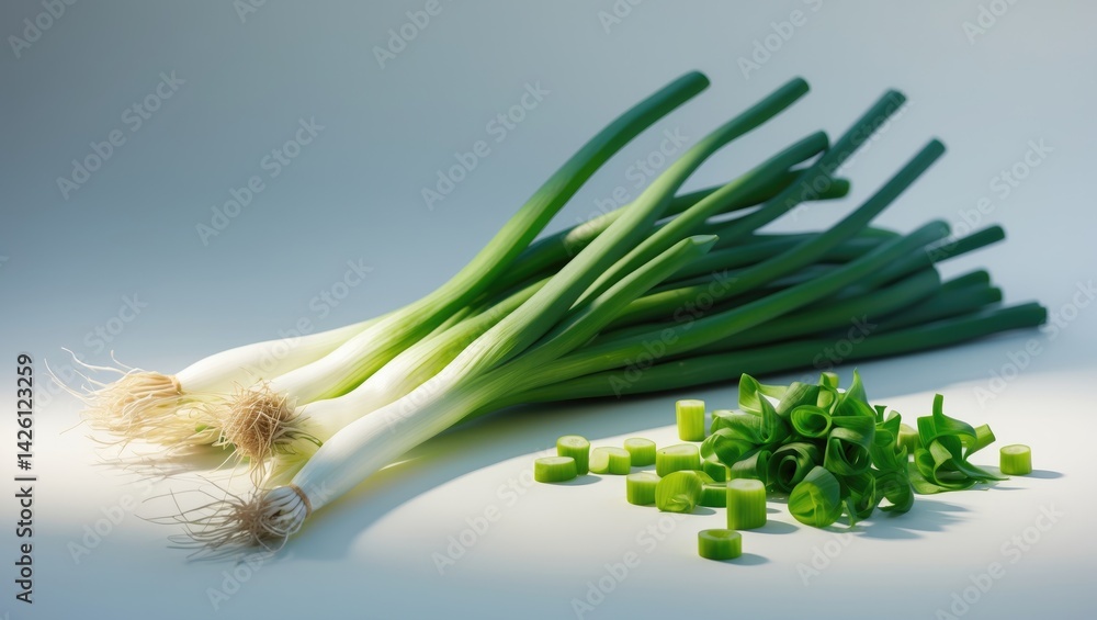 Poster isolated green onion on background with full depth of field