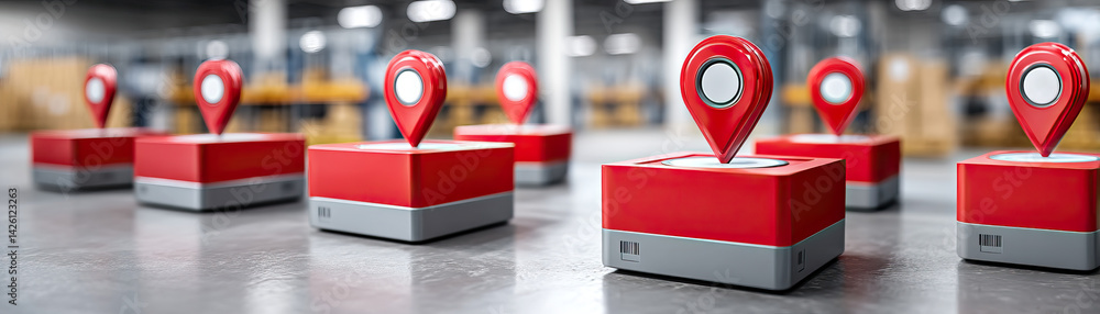 Poster efficient wireless shipment monitoring system with red location pins in warehouse setting, enhancing