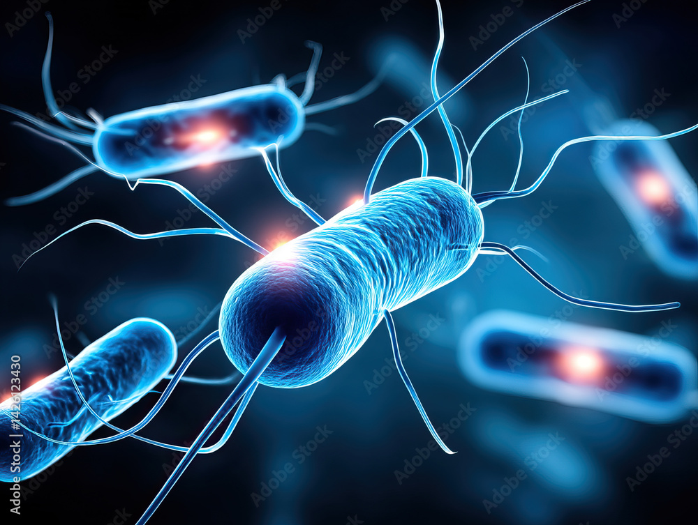 Poster innovative visualization of smart bacteria showcasing intricate structures and glowing features, rep