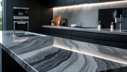 Elegant quartz stone worktop on wooden cabinet with appliances and sanitary
