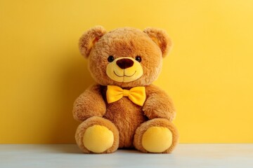 Cute teddy bear with yellow bowtie against bright yellow background representing joy and childhood innocence