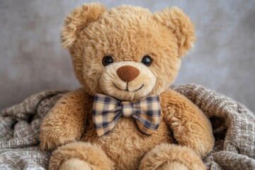 Cute teddy bear with a bowtie sitting on a soft blanket in a cozy indoor setting during the afternoon