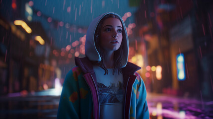 Girl under the future cyberpunk neon lights