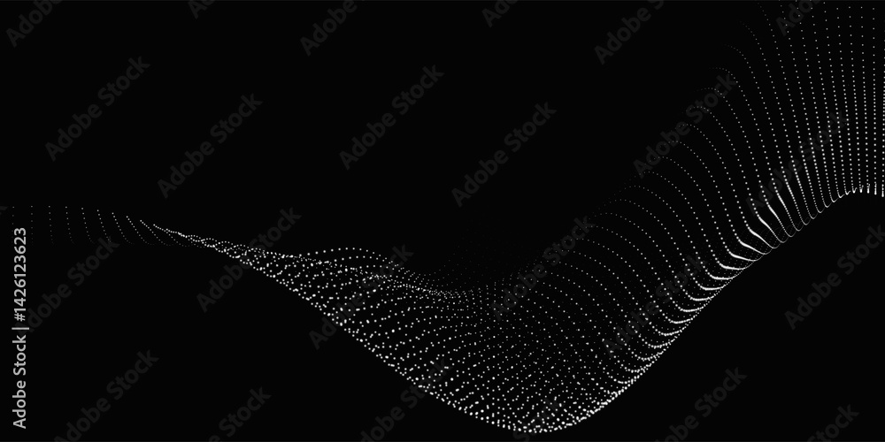 Poster abstract background with dynamic black and white wave. futuristic dotted wave of bright particles on