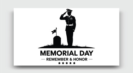 Black And White Memorial Day Soldier Saluting Tombstone Vector Illustration Design