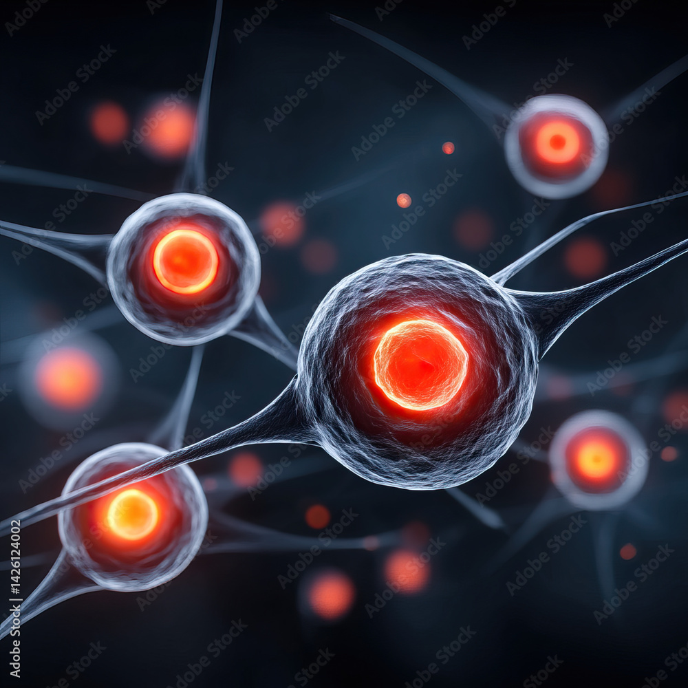Poster glowing cells with vibrant centers float in dark background, creating captivating and mysterious atm