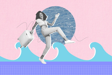 Creative pop poster sketch art collage of excited girl carry suitcase walk sea waves summer beach...