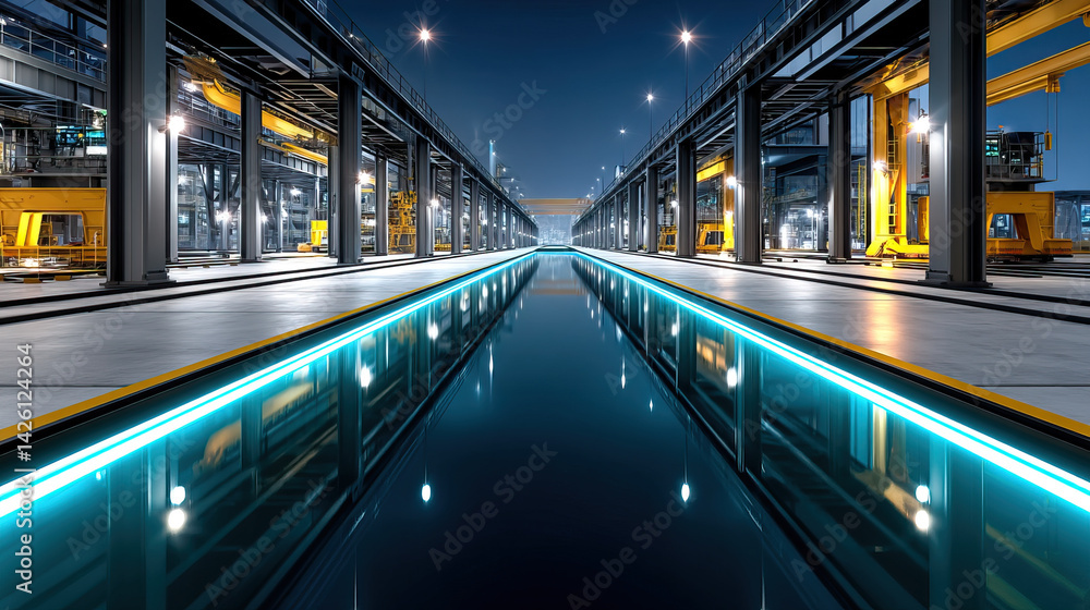 Poster high tech construction site with robotic systems and illuminated waterway reflecting modern architec