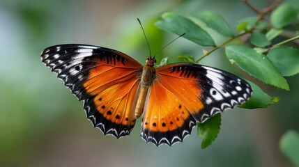 Fototapeta premium Vibrant orange and black butterfly resting on green leaves in natural habitat