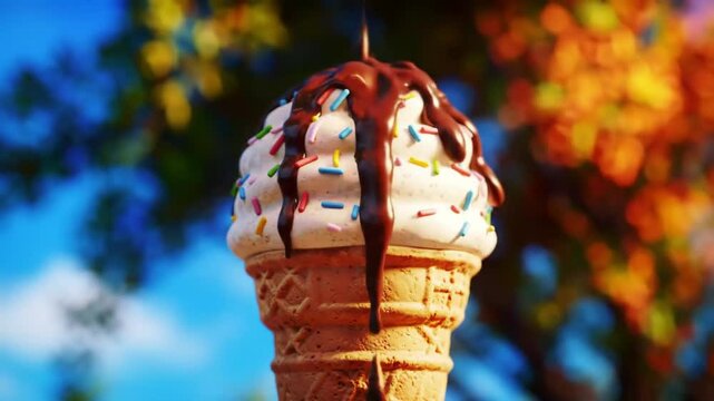 Vanilla strawberry chocolate ice cream with chocolate  Closeup 4k 