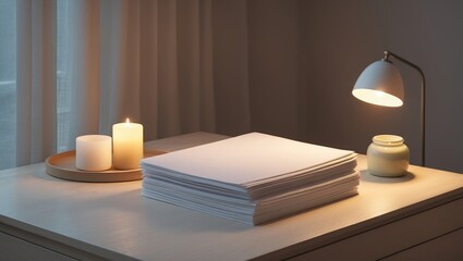 Fototapeta premium Mockup of blank books or magazines for interior decor. White book on table. Album with clear pages. Stylish white magazine mockup.