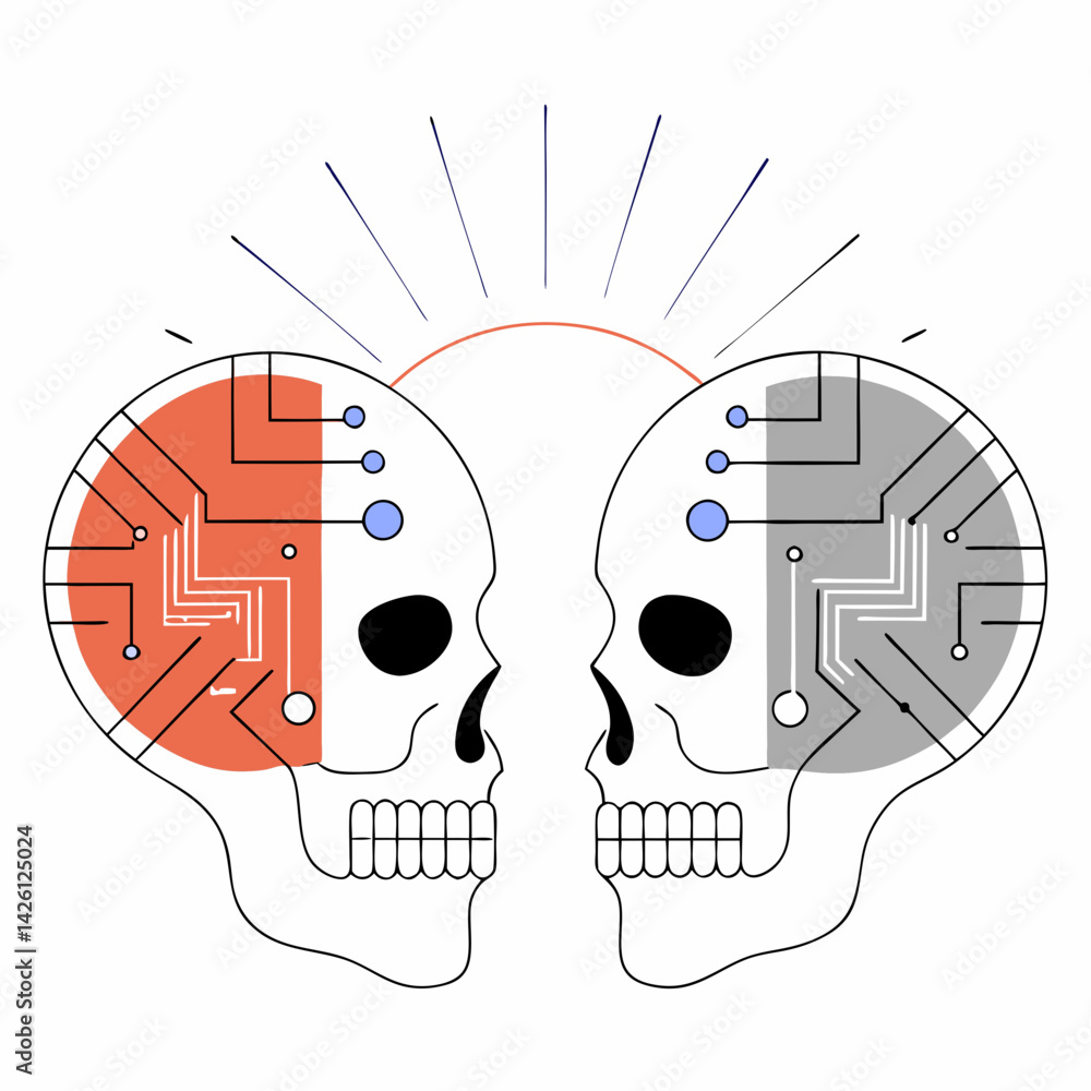 Poster cyberpunk skulls with circuit board patterns symbolize fusion of technology and humanity, showcasing