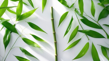 Set of green bamboo leaves on a plain background