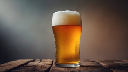 Chilled pale ale served in a glass on a rustic wooden bar table