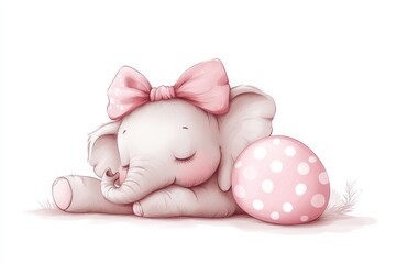 Cute baby elephant sleeping peacefully beside a pink polka dot Easter egg in a bright, cheerful setting