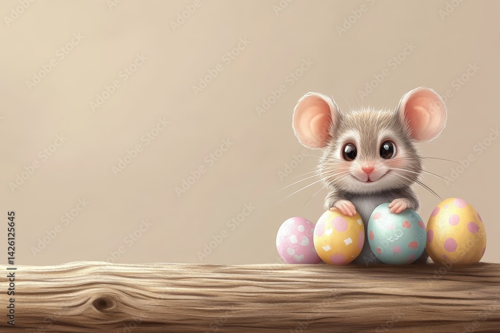 Aufkleber Cute mouse character with colorful Easter eggs on a wooden surface in a light background during springtime