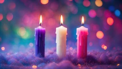 Third Sunday of Advent with violet, purple, and pink candles against a bokeh background featuring a Joy Candle