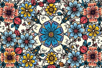 Intricate line art, small-scale repeating floral motif, vibrant hues , vector, seamless, line art pattern