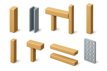 Construction tools and materials icon set – 3d style industrial and building symbols for architectural design, carpentry, and fabrication: beam, steel bar, pegboard, wooden plank, connector