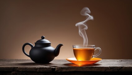 Fototapeta premium Old wooden table holding a teapot and a cup of tea with steam emanating from it