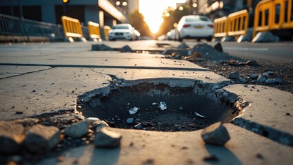 Uneven and broken walkway surface may endanger pedestrians.
