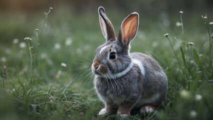 Fototapeta premium Joyful fluffy bunny with long ears resting on green grass in a natural meadow, adorable pet animal