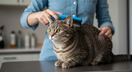 Gentle grooming session A tabby cat patiently receives a brushing from its loving owner indoors soft