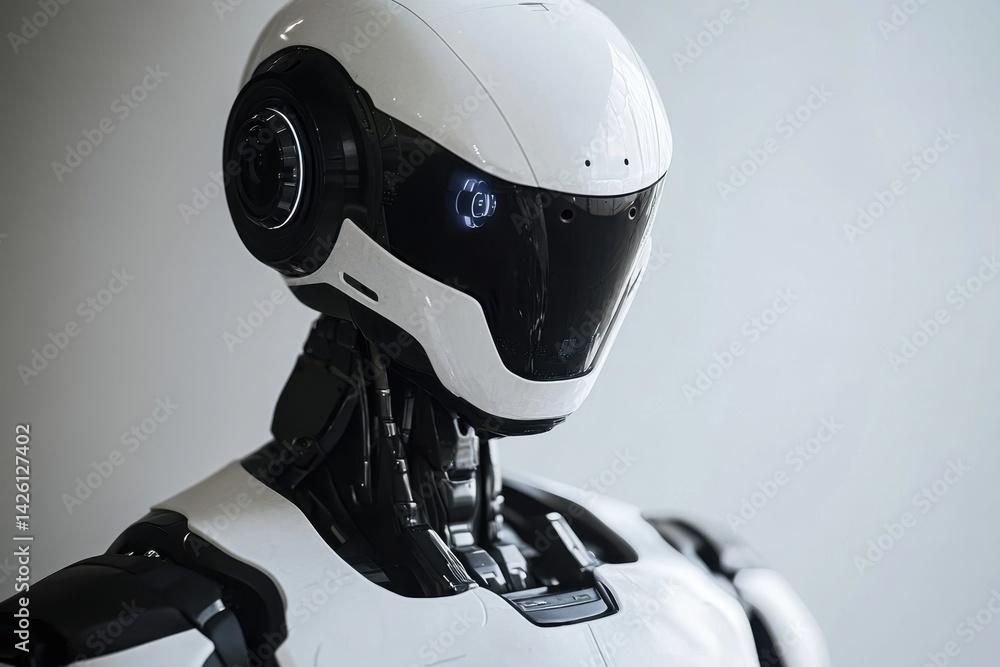 Poster futuristic humanoid robot with advanced features in a modern indoor setting