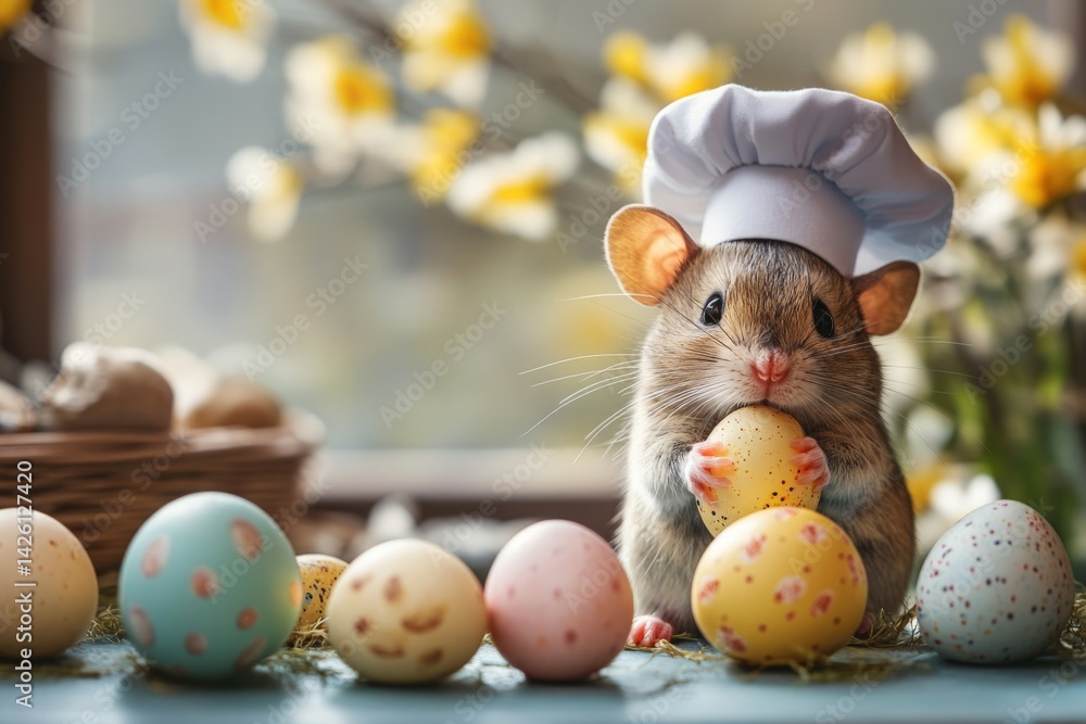 Poster cute mouse in chef hat holds egg surrounded by colorful easter eggs in cozy setting with spring flow