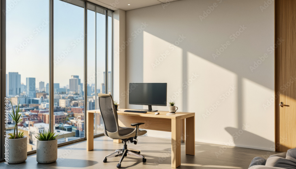 Poster modern interior design architecture photography: a modern office space features a minimalist desk wi