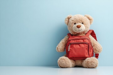 Obraz premium Teddy bear with a backpack ready for adventure in a playful setting