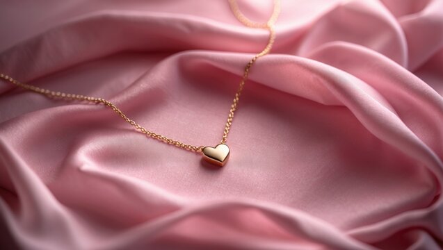 Luxurious gold necklace with heart motif displayed against a festive red background for romantic celebration