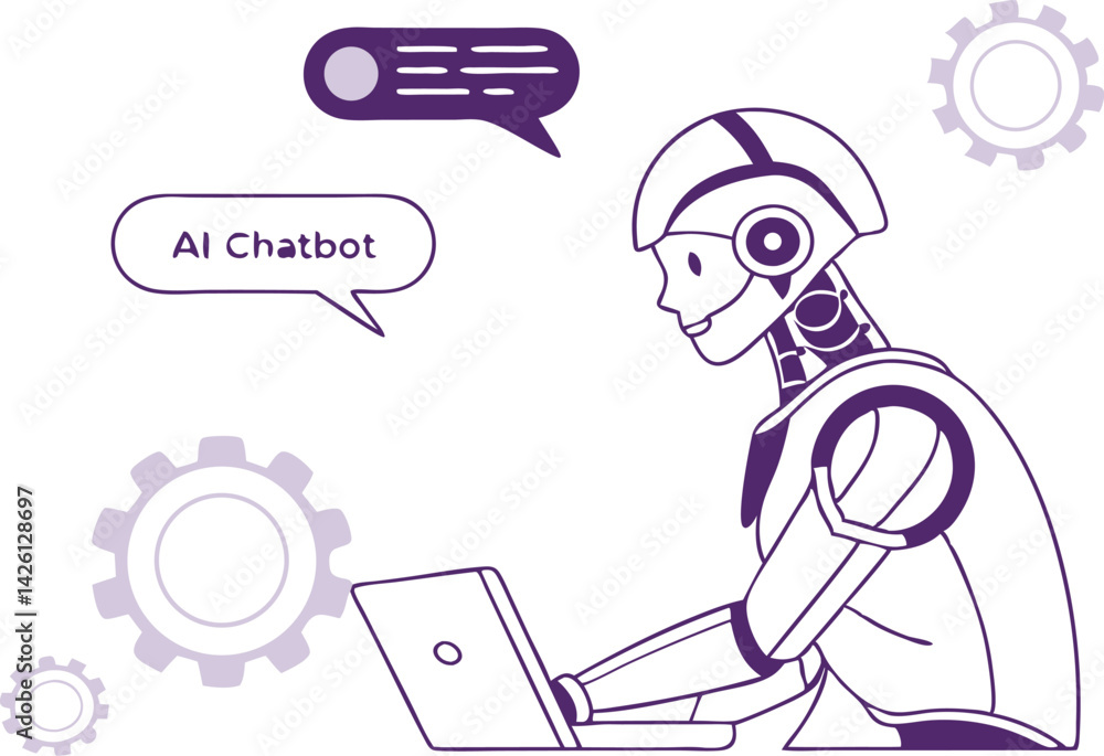 Poster robot using laptop, ai chatbot conversation vector illustration (2).eps, robot using laptop, ai chat