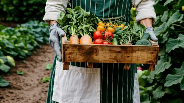 Close-up, eye-level shot of a farmer holding a wooden crate of fresh vegetables, conveying a rustic, farm-to-table concept, ideal for a video on sustainable farming.