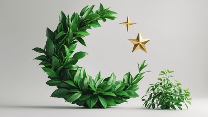 Green Tea Leaf Design Featuring Gold Star and Moon for Independence Day