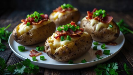 Stuffed baked potato topped with cheese, bacon, and green onions on a plate